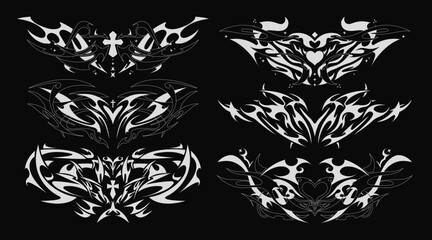 Succubus Y2K womb tattoo. Demon heart sigil with crosses in neo tribal style. Vector set of tattoos