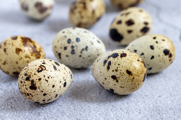 Easter quail eggs.  Spring background with small easter quail eggs. Vintage photo processing