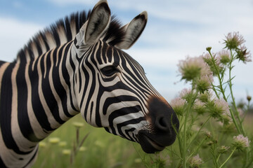 Fototapeta na wymiar Generative AI. a zebra in a flower meadow
