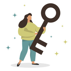 A girl with a big key unlocks the lock. Search for ideas, implementation, business. 