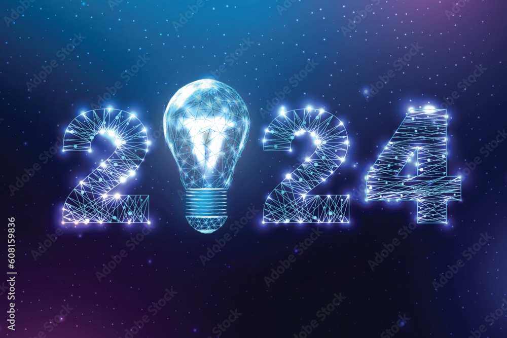 Poster happy new year 2024 greeting card. low poly style design. numbers from a polygonal wireframe mesh. a