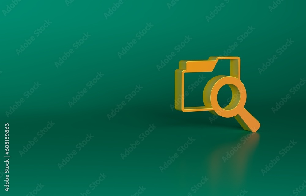 Poster orange search concept with folder icon isolated on green background. magnifying glass and document. 
