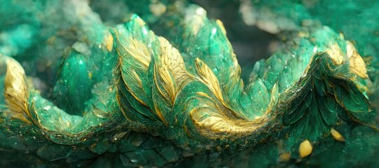 Abstract deep green jade with embedded gold rock specimen, cracked and fragmented shiny pearlescent texture and grooved wavy line eroded patterns - generative ai