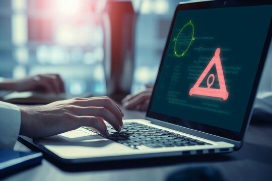 Businessman or it staffs, programmer, developer using computer laptop with triangle caution warning sign for notification error and maintenance concept. Virus detected warning, Generative AI