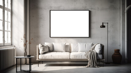 Empty white frame for photography with transparency in modern living room interior