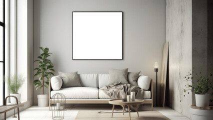 Empty white frame for photography with transparency in modern living room interior. Generative AI