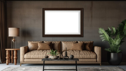 Mock-up frame with transparency on dark brownn wall in stylish interior. Generative AI 1