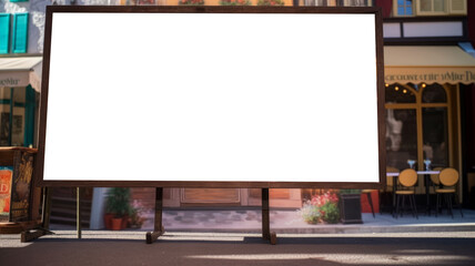 Menu board with transparency mock-up in front of a french-style restaurant facade