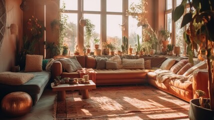 Bohemian living room in exotic destination. Generative AI 2