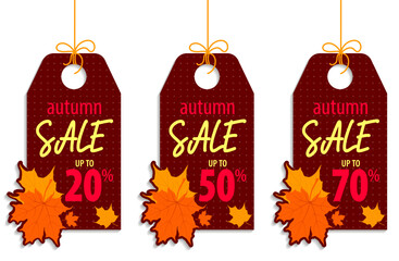 Autumn sale label template on dark contrast background with falling orange maple leaves