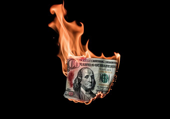 Hundred dollar bill on fire. The concept of bankruptcy, depreciation of money. Generated AI.