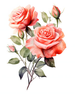 Watercolor Rose flowers with leaves isolated on white