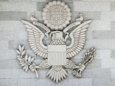 GUANGZHOU, CHINA September 4, 2014, American embassy logo close up.