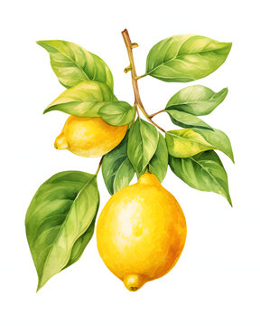Watercolor lemon with green leaves on a branch isolated