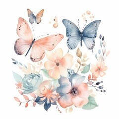 Fototapeta na wymiar Cute Butterflies and Floral Watercolor Illustration for Kids' Birthday Invitations. Generative AI