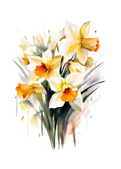 Watercolor narcissus bouquet isolated