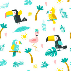 Summer seamless pattern with palm leaves, tropical flowers, flamingo, toucan. Vector illustrations