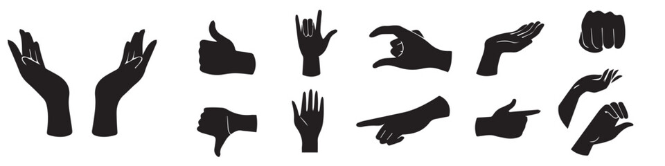 Gestures. A set of hands in different gestures? Silhouettes of hands. Women's hands in various situations. On a white background isolated. Vector illustration.EPS 10