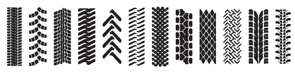 Dirty tire tracks. Grunge motor race track, wheel tires protector pattern and dirt wheels imprint texture vector illustration set.EPS 10