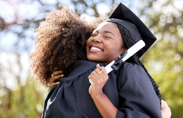 Friends hug, graduation and university with achievement and women with degree, education success...