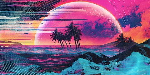 psychedelic landscape collage, stormy sea in magenta colors, generative ai