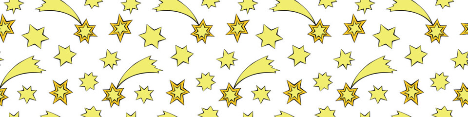 Seamless pattern of yellow stars in doodle flat style. Simple color background and texture on theme of night sky, space, astronomy, kids design