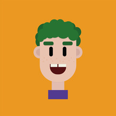 Boy with green curly hair smiling illustration 2D