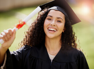 University student, woman portrait and college graduate with school achievement outdoor with smile....