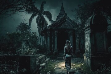 Mysterious woman standing in front of a temple in Bali, Indonesia