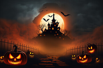 Halloween background with haunted castle and pumpkins. Vector illustration.