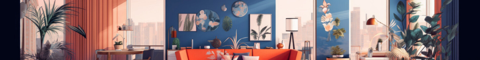 Banner of modern living room in light navy and orange colors. Vector, banner or background in landscape aspect ratio.