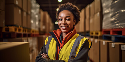 Portrait of a female warehouse worker wearing a hi-vis jacket stood in a distribution center. Generative ai