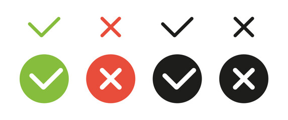 Checkmarks and crosses used as visual symbols for indicating completion or confirmation checkmarks or rejection or error crosses. Checkmarks, crosses, symbols.