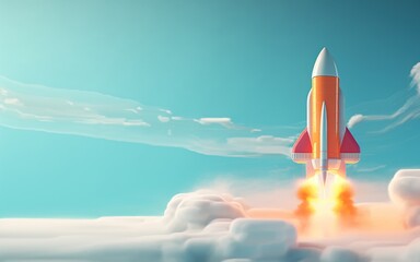3D rocket in space. Shuttle launch 3D rocket in space and clouds.  Business startup and business growth concept with place for text, banner template, ai generate