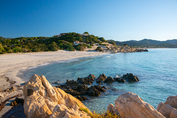 Aerial view of the beach of Time Ama, Villasimius, Sardinia, Italy