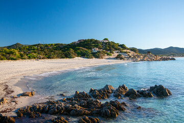 Aerial view of the beach of Time Ama, Villasimius, Sardinia, Italy