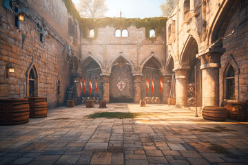 Paved courtyard for soldier training in medieval castle. Cinematic light, volumetric light, no people with empty space for characters. Realistic environment made with Generative AI - obrazy, fototapety, plakaty