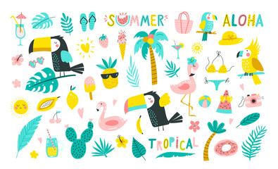 Set of summer elements:  palm leaves, tropical flowers, flamingo, toucan, Tropical collection of stickers for summer design, scrapbooking and postcards. Vector illustrations