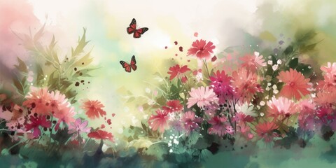 Obraz na płótnie Canvas Colorful Watercolor Garden Scene with Blooms and Butterflies for Invitations and Scrapbooking. Generative AI