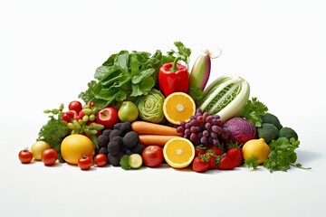 Assortment of Fruits and Vegetables on a White Background, Generative Ai
