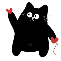Black cat holding red hearts