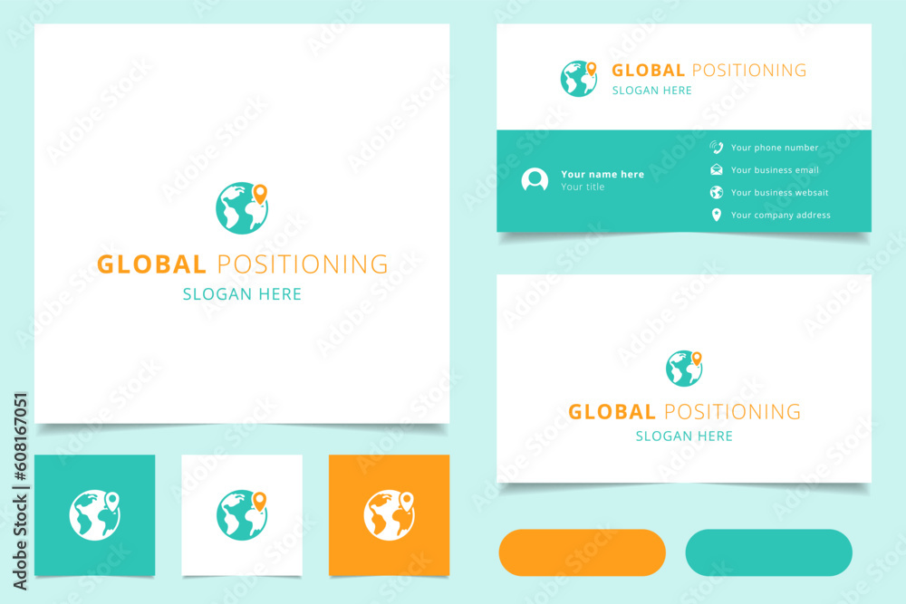 Poster global positioning logo design with editable slogan. branding book and business card template.