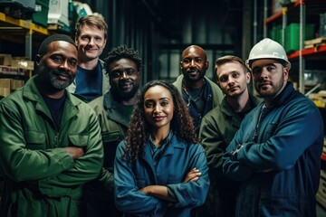 Group of Team Workers of mixed races and genders enjoy working in factory standing together smiling, making a happy hand sign. Banner for labor day, labour day, worker day. Created with generative ai
