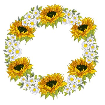 Wreath of sunflowers, floral background. Hand drawn illustration. Design element for invitation and wedding print.