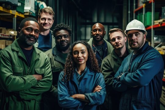 Group of Team Workers of mixed races and genders enjoy working in factory standing together smiling, making a happy hand sign. Banner for labor day, labour day, worker day. Created with generative ai - Powered by Adobe