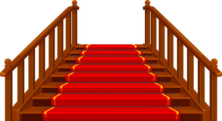 Castle and palace staircase. Wooden stairs with red carpet of medieval royal, fantasy and fairy tale building interior vector element. Cartoon wood staircase or stairway with rails and balustrades