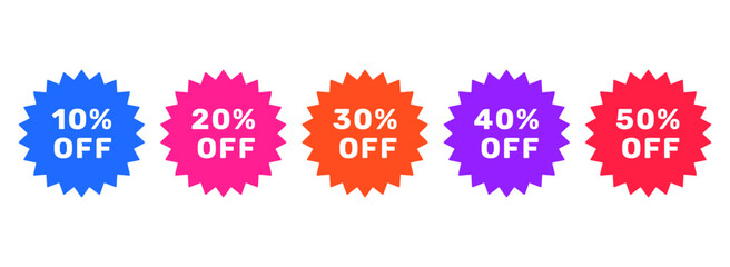 Set or collection of modern labels in various colors with discount offers ranging from -10% to -50%