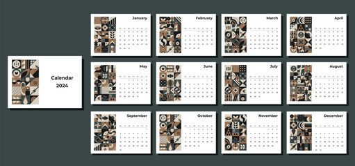Calendar 2024 geometric patterns. Monthly calendar template for 2024 year with geometric shapes.