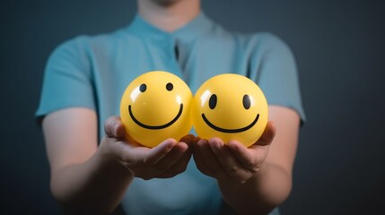 Hands holding happy smile relax face , good feedback rating, think positive, customer review, assessment, satisfaction, world mental health day, Calm mood, good mental health, good, Generative AI