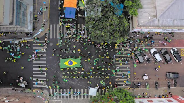 Drone view of the protest by the supporters of the Brazilian ex president Jair Bolsonaro in front of the Army Head Quarters of Porto Alegre, Brazil asking for federal intervention after Lula  election